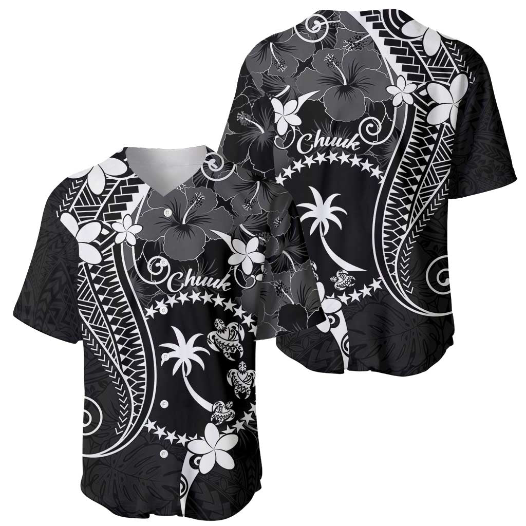 FSM Chuuk Baseball Jersey Turtle Tropical Flowers Polynesian - Black LT14 - Polynesian Pride