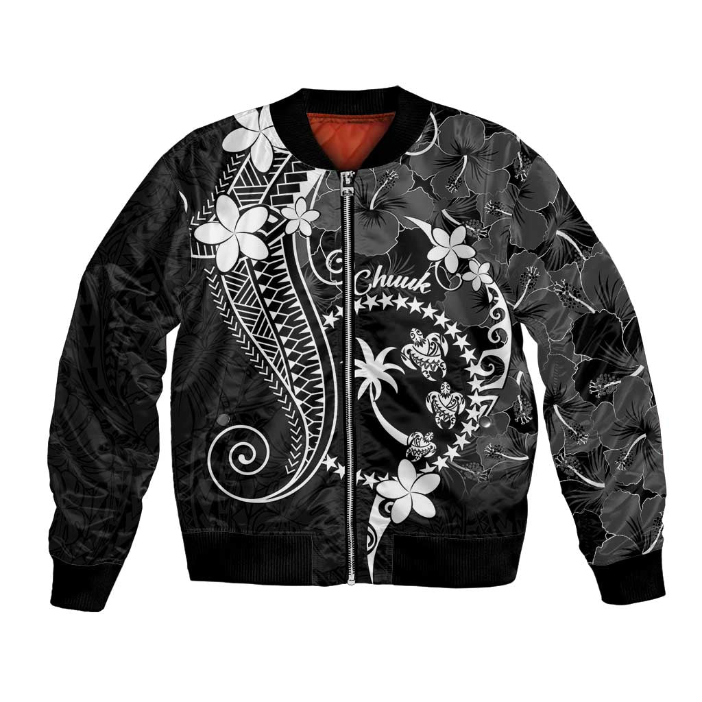 FSM Chuuk Bomber Jacket Turtle Tropical Flowers Polynesian - Black LT14 Unisex Black - Polynesian Pride