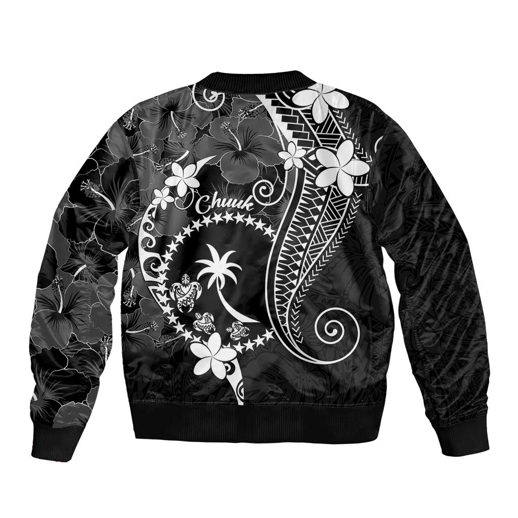 FSM Chuuk Bomber Jacket Turtle Tropical Flowers Polynesian - Black LT14 - Polynesian Pride