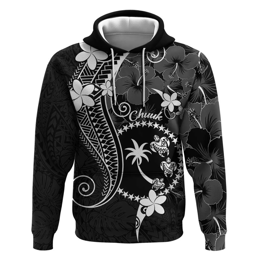 FSM Chuuk Hoodie Turtle Tropical Flowers Polynesian - Black LT14 Pullover Hoodie Black - Polynesian Pride