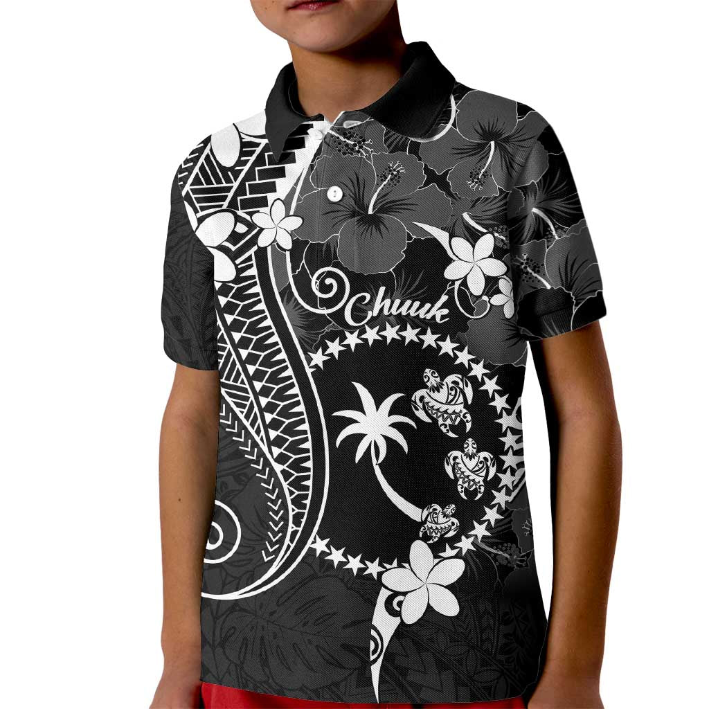 FSM Chuuk Kid Polo Shirt Turtle Tropical Flowers Polynesian - Black LT14 Kid Black - Polynesian Pride