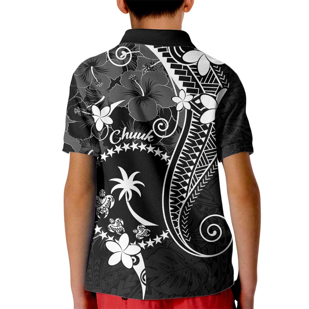 FSM Chuuk Kid Polo Shirt Turtle Tropical Flowers Polynesian - Black LT14 - Polynesian Pride