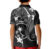 FSM Chuuk Kid Polo Shirt Turtle Tropical Flowers Polynesian - Black LT14 - Polynesian Pride