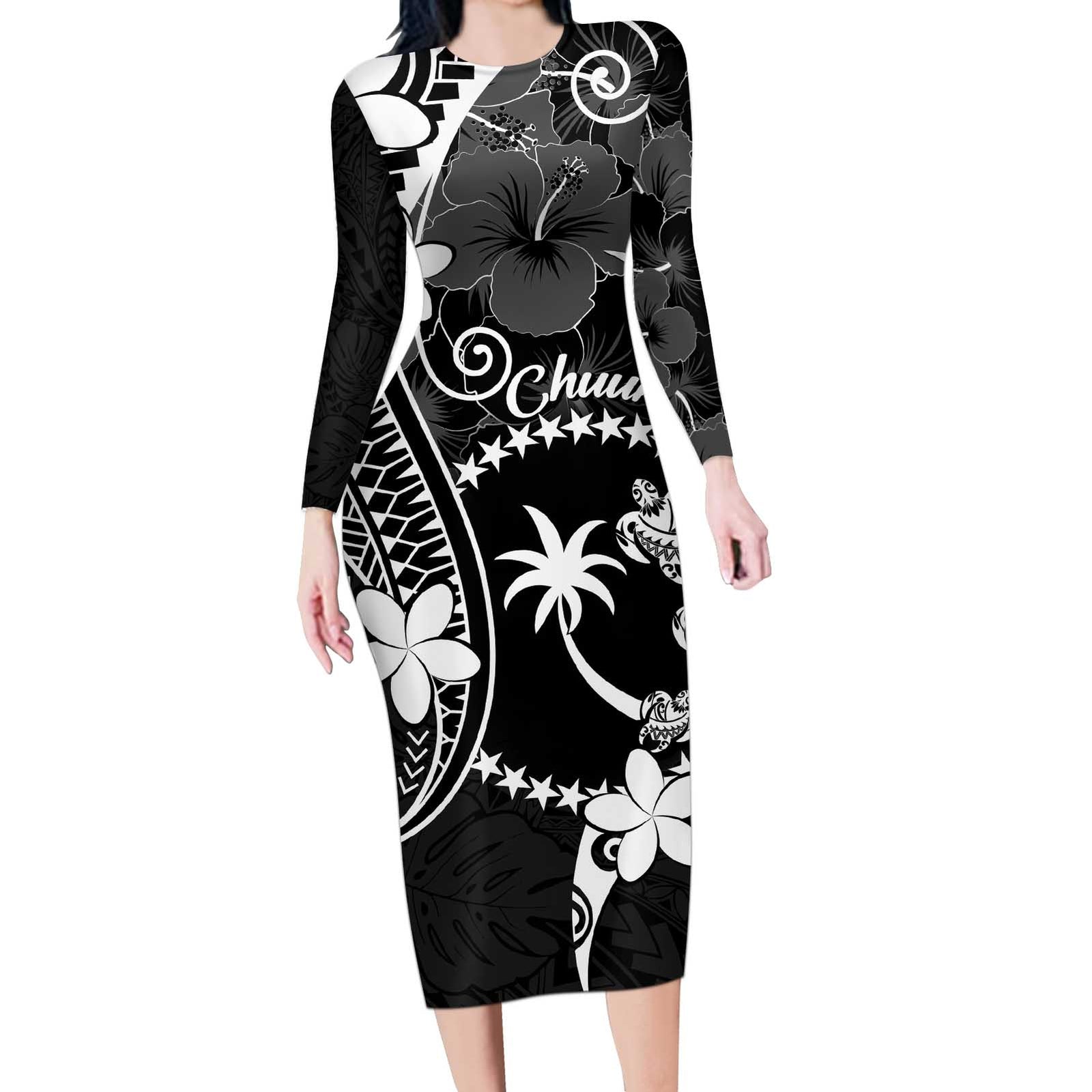FSM Chuuk Long Sleeve Bodycon Dress Turtle Tropical Flowers Polynesian - Black LT14 Long Dress Black - Polynesian Pride