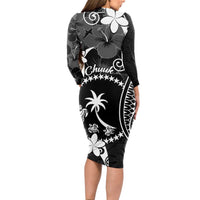 FSM Chuuk Long Sleeve Bodycon Dress Turtle Tropical Flowers Polynesian - Black LT14 - Polynesian Pride