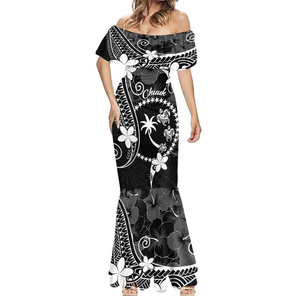 FSM Chuuk Mermaid Dress Turtle Tropical Flowers Polynesian - Black LT14 - Polynesian Pride