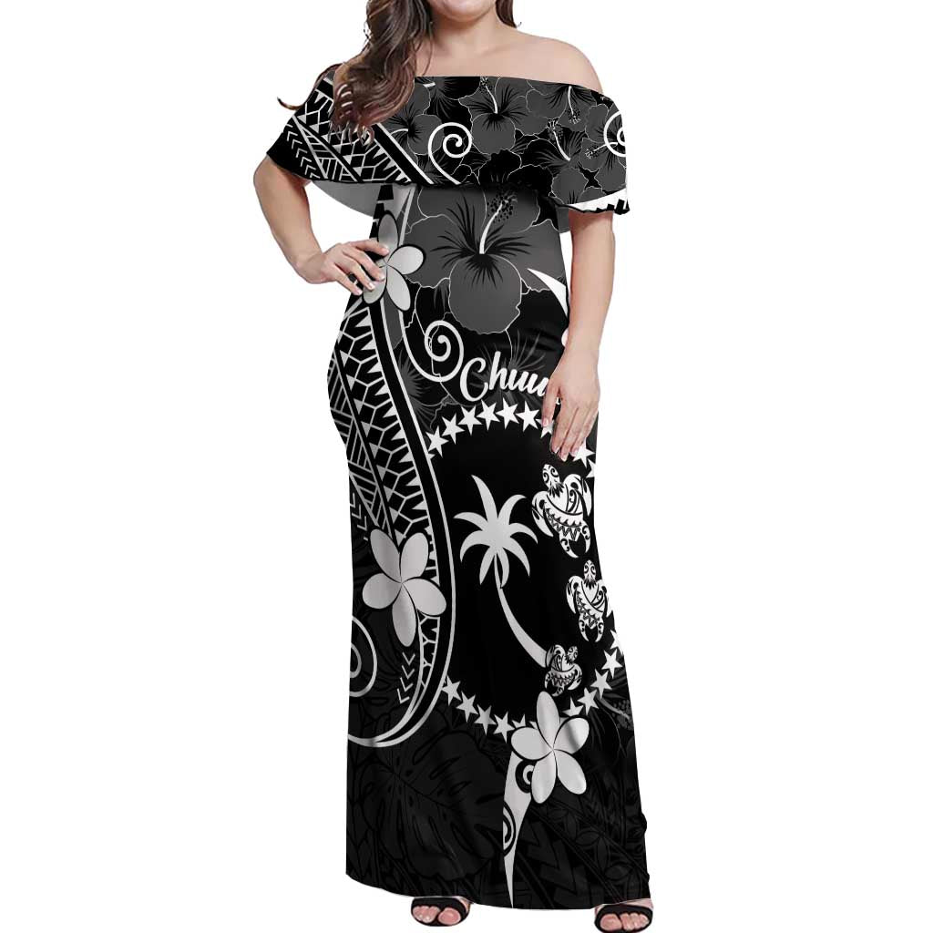 FSM Chuuk Off Shoulder Maxi Dress Turtle Tropical Flowers Polynesian - Black LT14 Women Black - Polynesian Pride