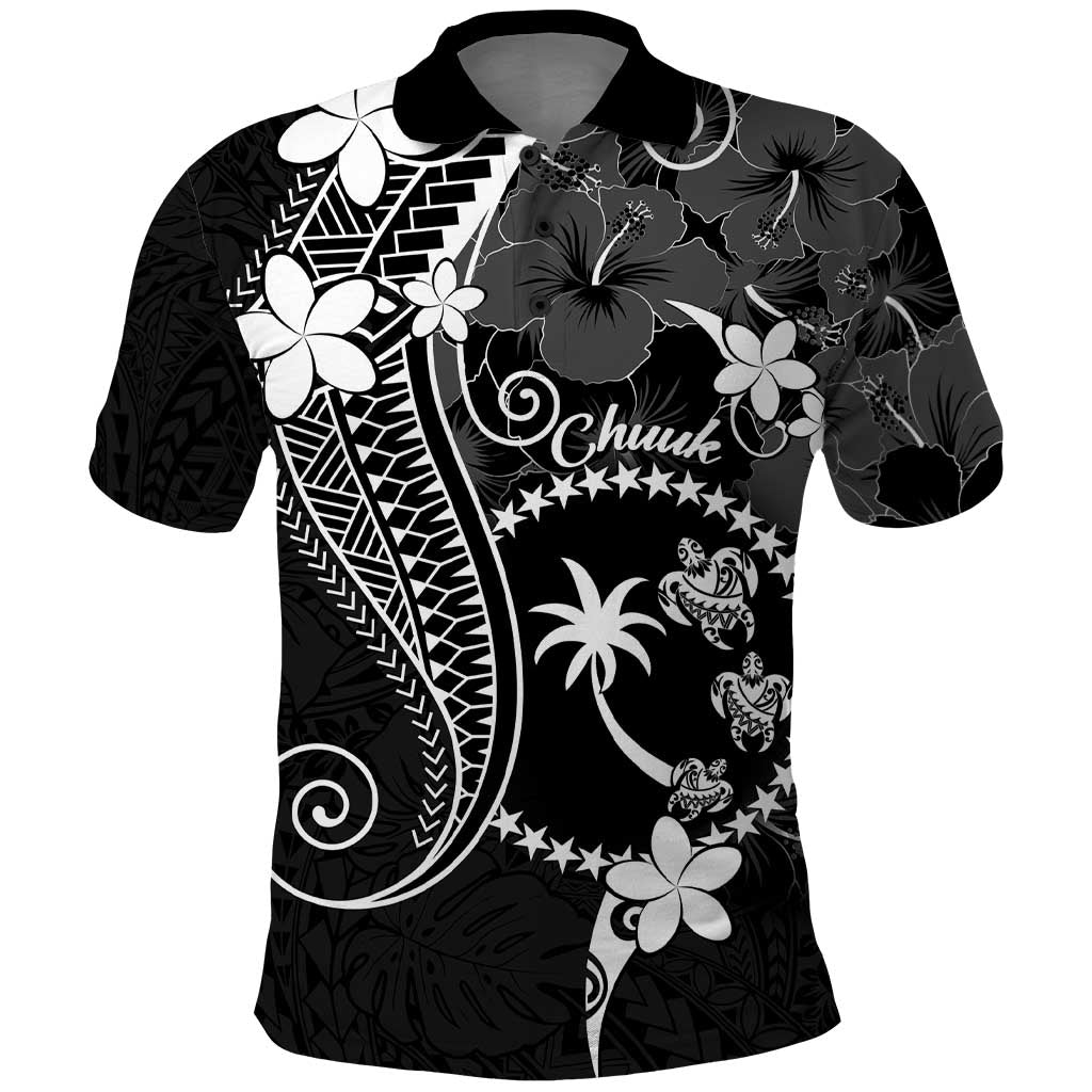 FSM Chuuk Polo Shirt Turtle Tropical Flowers Polynesian - Black LT14 Black - Polynesian Pride