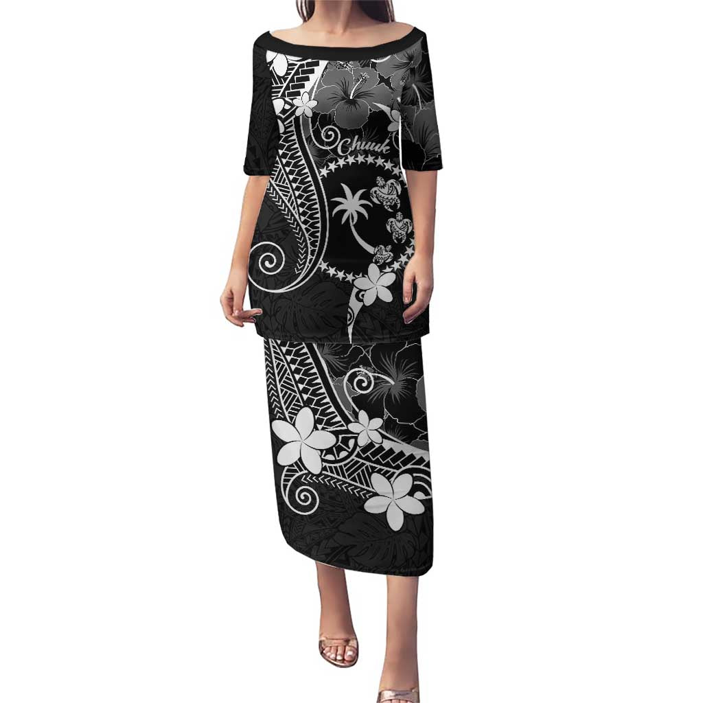 FSM Chuuk Puletasi Turtle Tropical Flowers Polynesian - Black LT14 Long Dress Black - Polynesian Pride