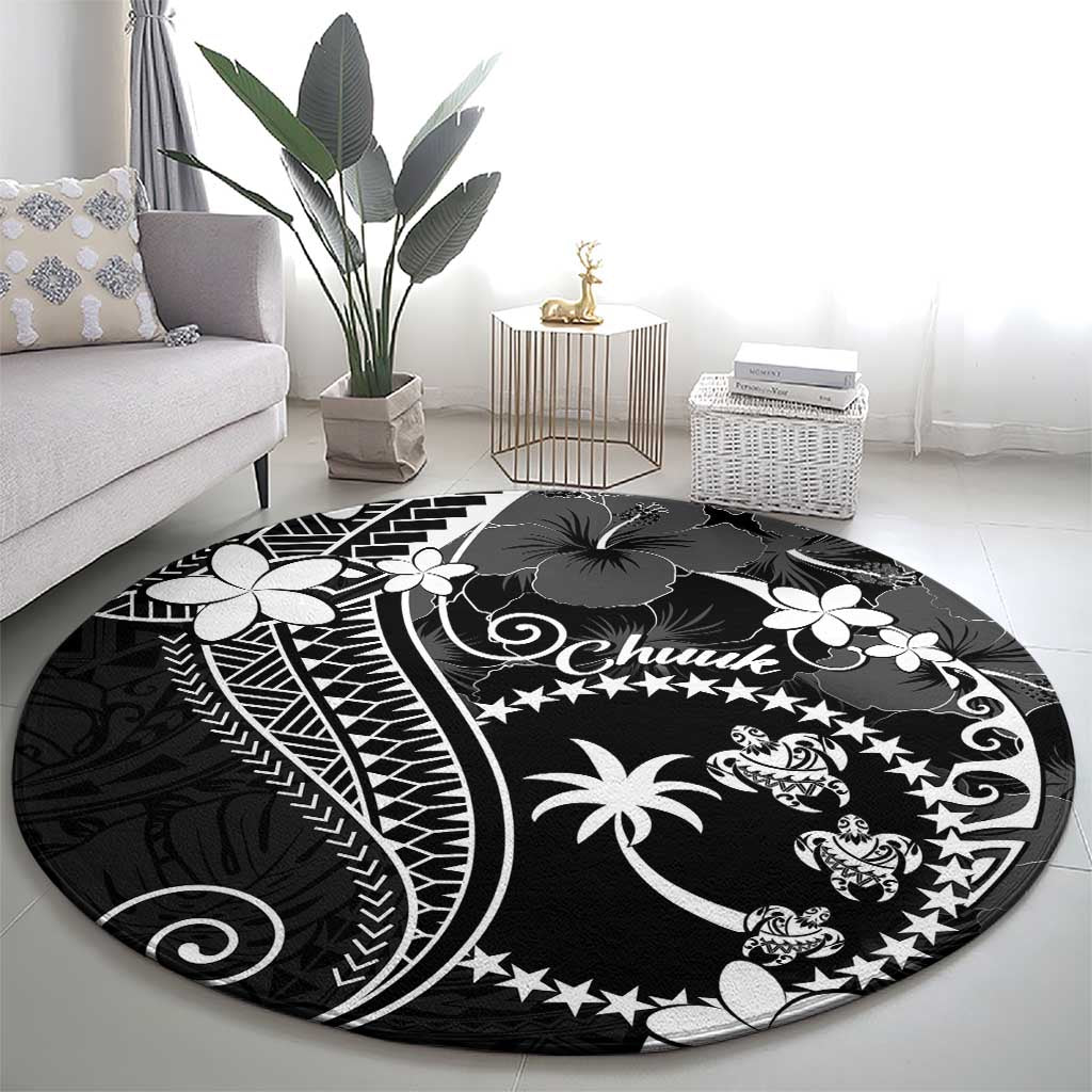 FSM Chuuk Round Carpet Turtle Tropical Flowers Polynesian - Black LT14 - Polynesian Pride