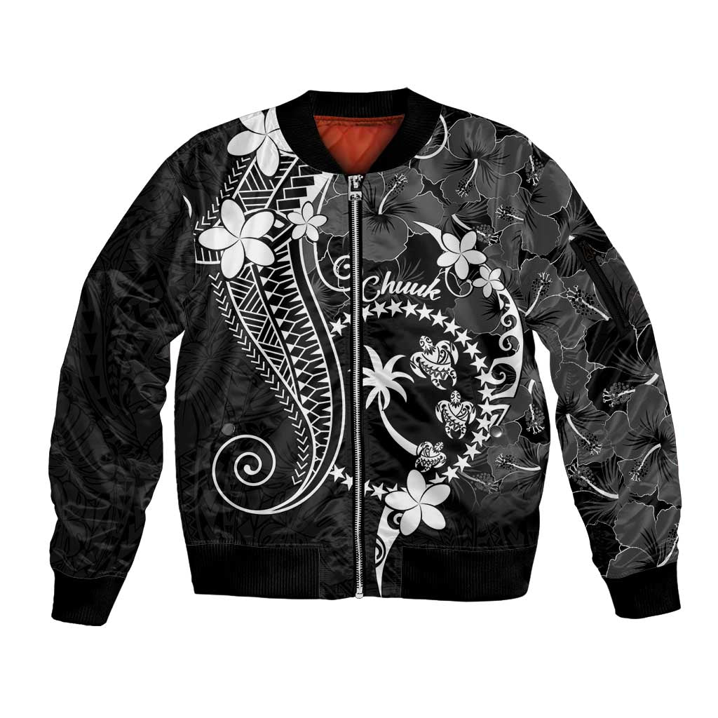 FSM Chuuk Sleeve Zip Bomber Jacket Turtle Tropical Flowers Polynesian - Black LT14 Unisex Black - Polynesian Pride