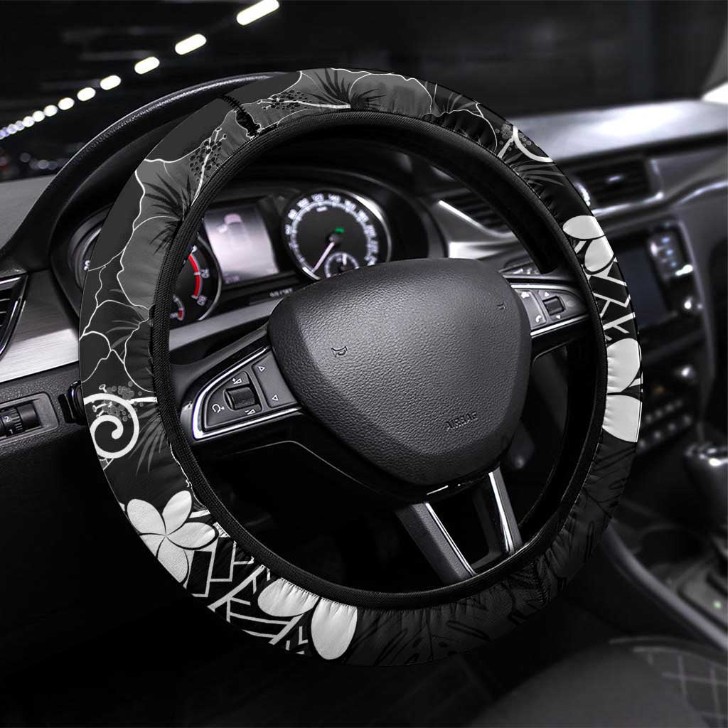 FSM Chuuk Steering Wheel Cover Turtle Tropical Flowers Polynesian - Black LT14 Universal Fit Black - Polynesian Pride