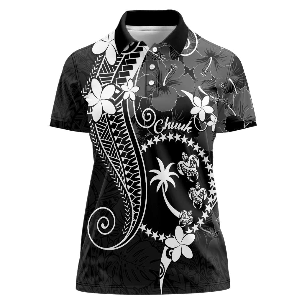 FSM Chuuk Women Polo Shirt Turtle Tropical Flowers Polynesian - Black LT14 Female Black - Polynesian Pride