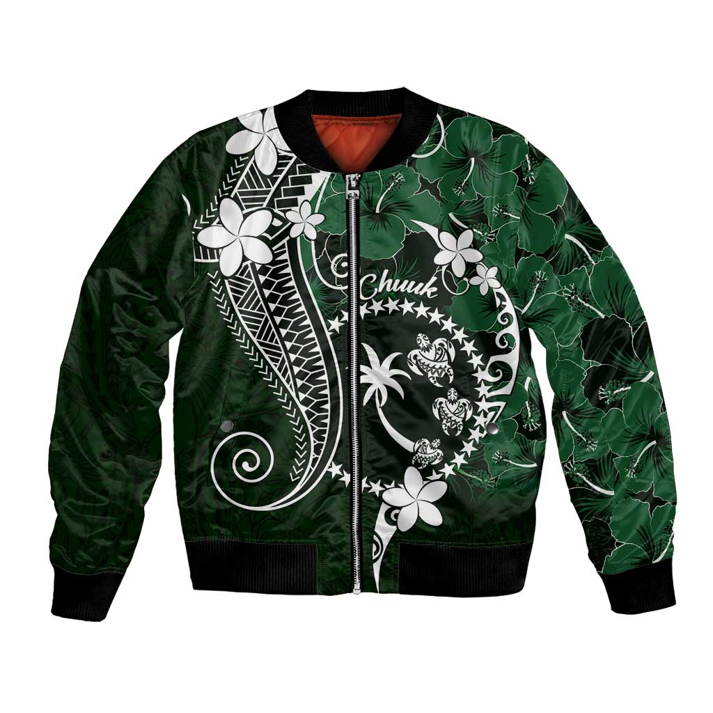 FSM Chuuk Bomber Jacket Turtle Tropical Flowers Polynesian - Green LT14 Unisex Green - Polynesian Pride
