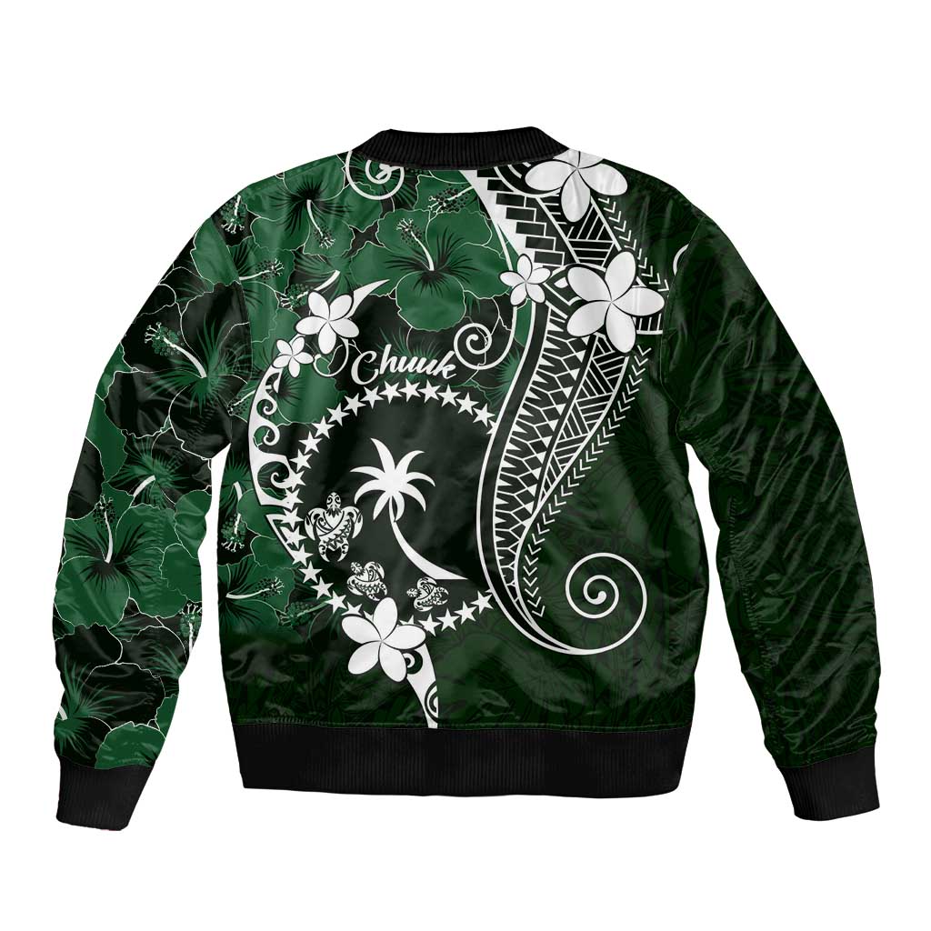FSM Chuuk Bomber Jacket Turtle Tropical Flowers Polynesian - Green LT14 - Polynesian Pride