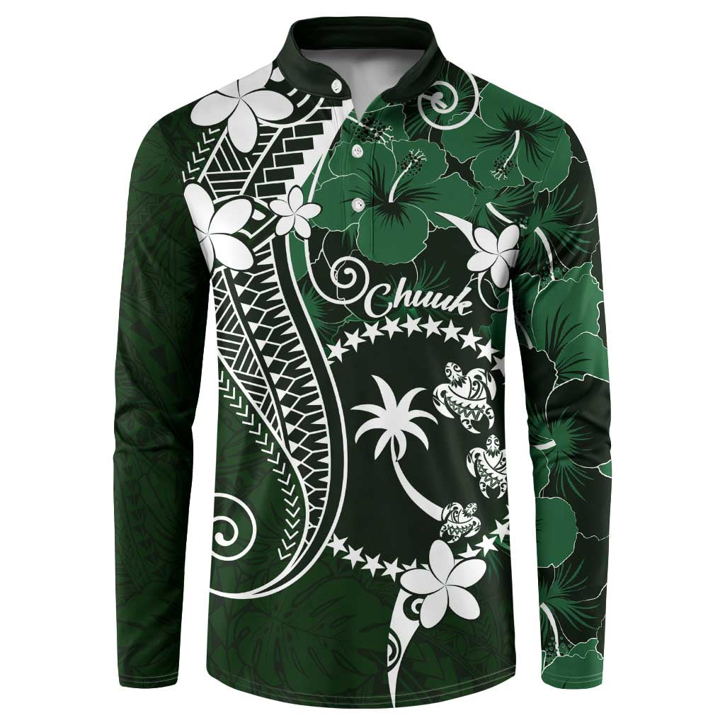 FSM Chuuk Button Sweatshirt Turtle Tropical Flowers Polynesian - Green LT14 Green - Polynesian Pride
