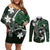 FSM Chuuk Couples Matching Off Shoulder Short Dress and Long Sleeve Button Shirt Turtle Tropical Flowers Polynesian - Green