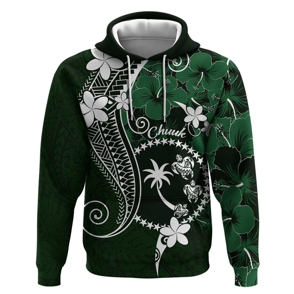 FSM Chuuk Hoodie Turtle Tropical Flowers Polynesian - Green LT14 Pullover Hoodie Green - Polynesian Pride