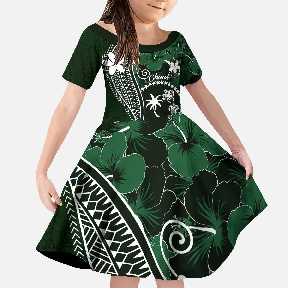 FSM Chuuk Kid Short Sleeve Dress Turtle Tropical Flowers Polynesian - Green LT14 KID Green - Polynesian Pride