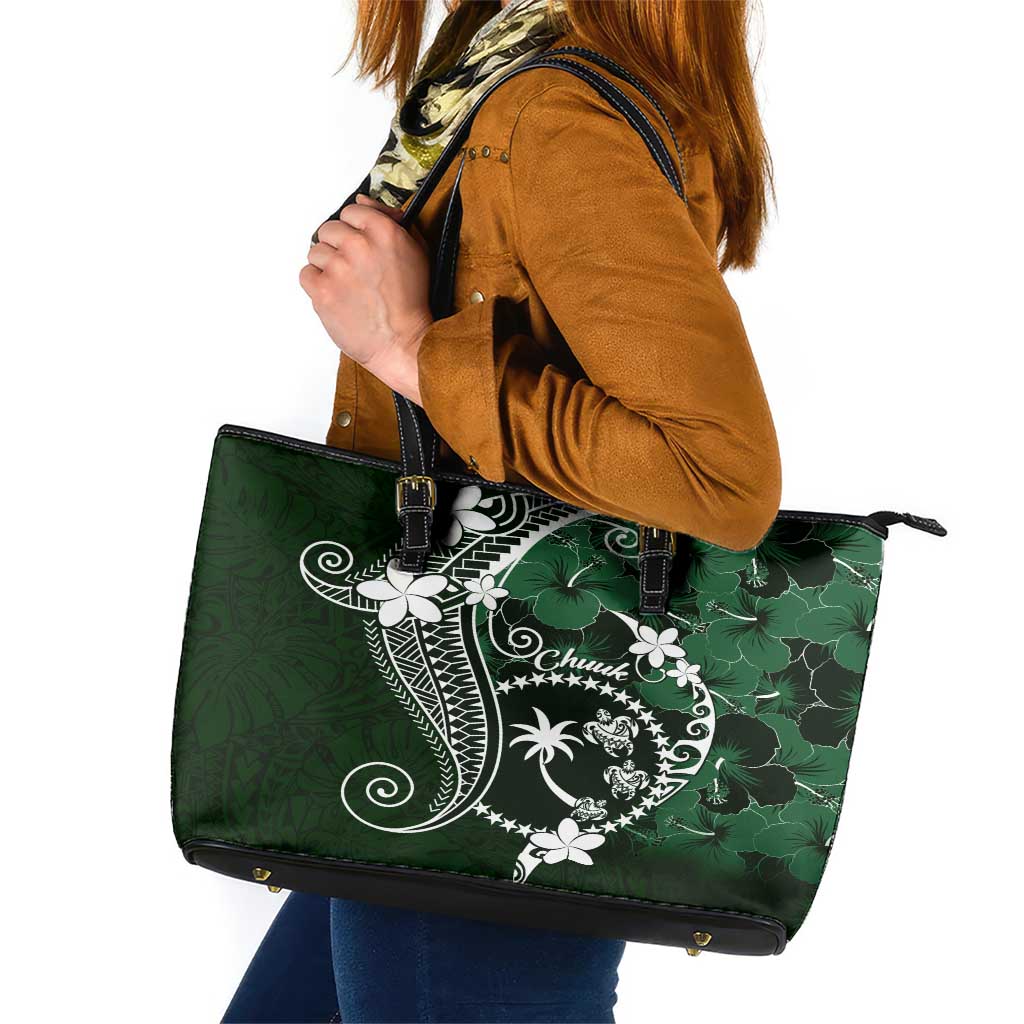 FSM Chuuk Leather Tote Bag Turtle Tropical Flowers Polynesian - Green LT14 Green - Polynesian Pride