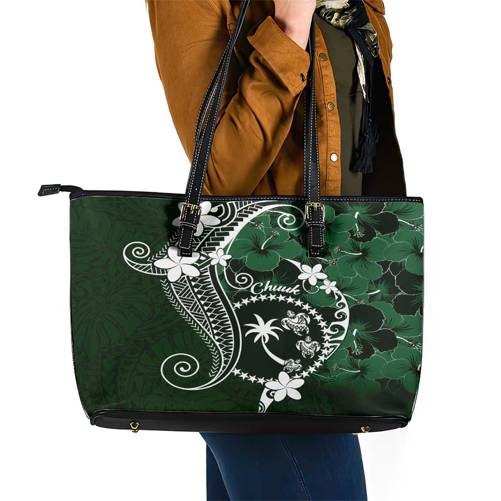 FSM Chuuk Leather Tote Bag Turtle Tropical Flowers Polynesian - Green LT14 - Polynesian Pride