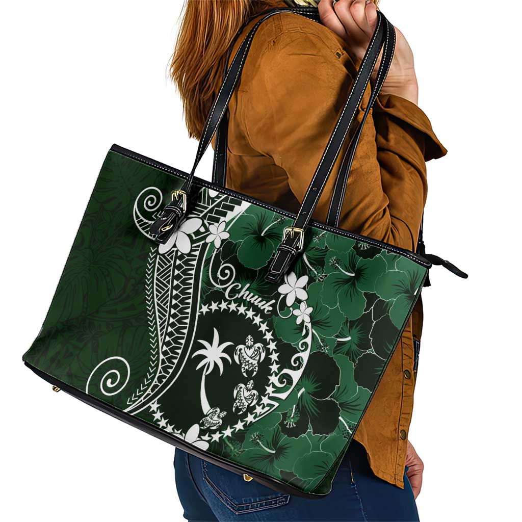 FSM Chuuk Leather Tote Bag Turtle Tropical Flowers Polynesian - Green LT14 - Polynesian Pride