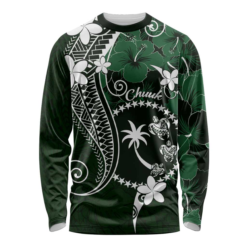 FSM Chuuk Long Sleeve Shirt Turtle Tropical Flowers Polynesian - Green LT14 Unisex Green - Polynesian Pride
