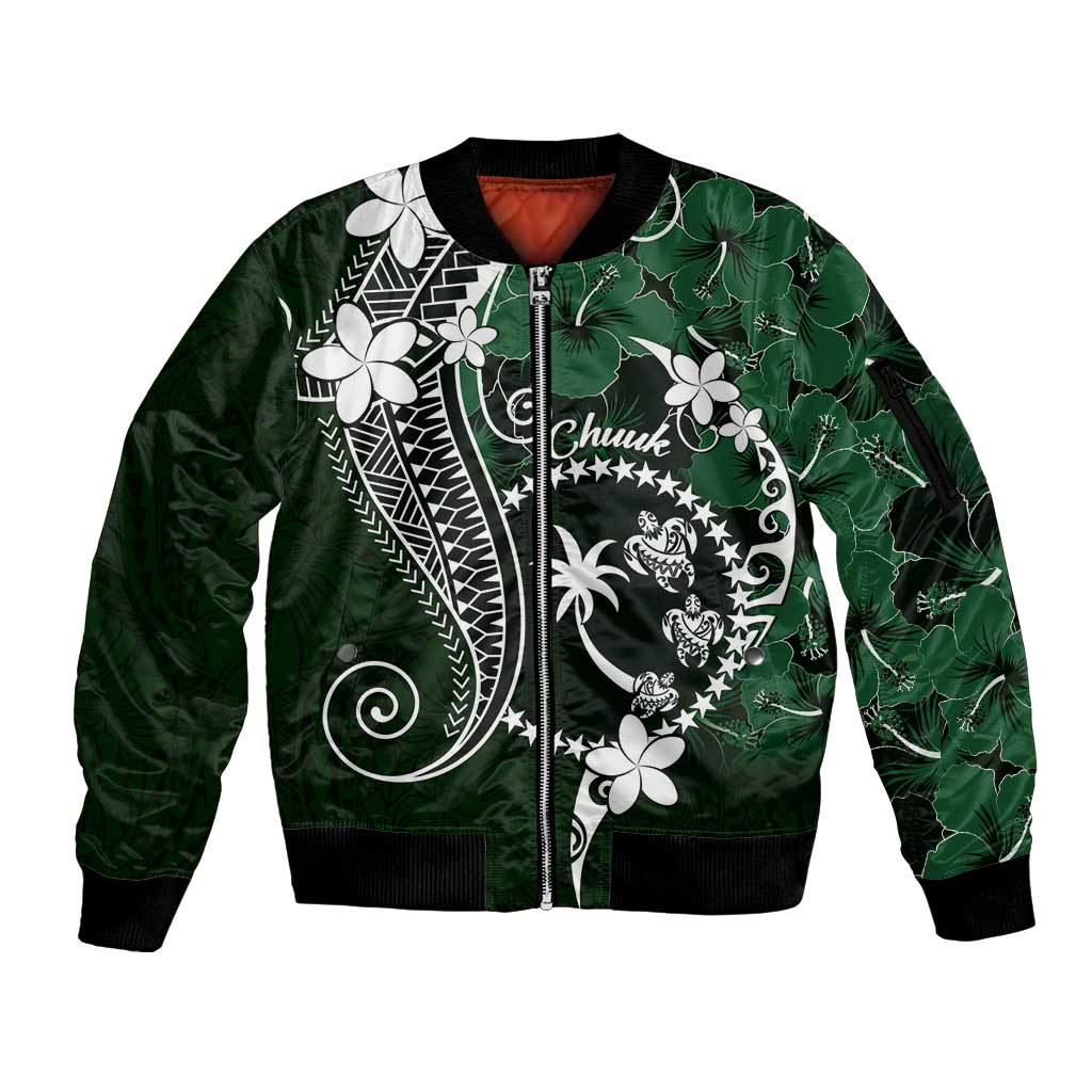 FSM Chuuk Sleeve Zip Bomber Jacket Turtle Tropical Flowers Polynesian - Green LT14 Unisex Green - Polynesian Pride