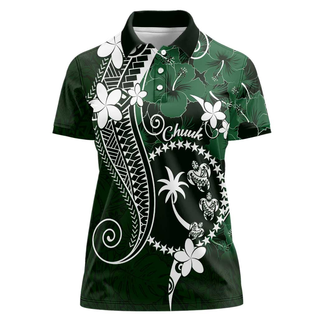 FSM Chuuk Women Polo Shirt Turtle Tropical Flowers Polynesian - Green LT14 Female Green - Polynesian Pride