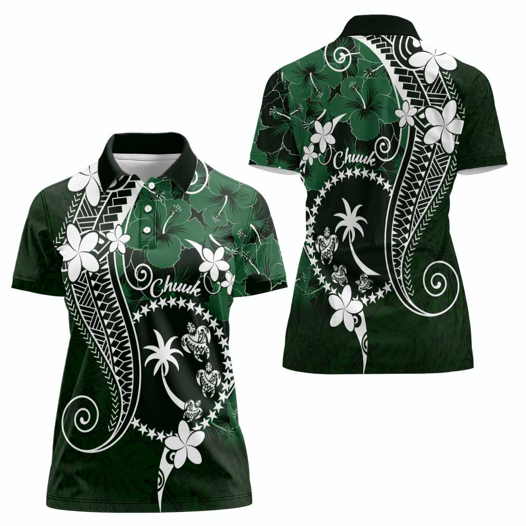 FSM Chuuk Women Polo Shirt Turtle Tropical Flowers Polynesian - Green LT14 - Polynesian Pride