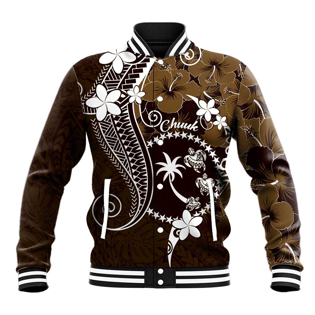 FSM Chuuk Baseball Jacket Turtle Tropical Flowers Polynesian - Brown LT14 Unisex Brown - Polynesian Pride