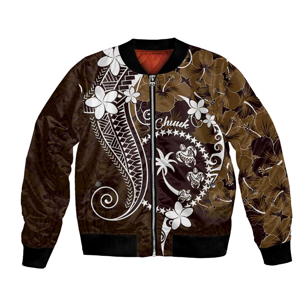 FSM Chuuk Bomber Jacket Turtle Tropical Flowers Polynesian - Brown LT14 Unisex Brown - Polynesian Pride