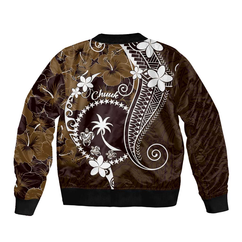 FSM Chuuk Bomber Jacket Turtle Tropical Flowers Polynesian - Brown LT14 - Polynesian Pride
