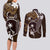 FSM Chuuk Couples Matching Long Sleeve Bodycon Dress and Long Sleeve Button Shirt Turtle Tropical Flowers Polynesian - Brown