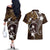 FSM Chuuk Couples Matching Off The Shoulder Long Sleeve Dress and Hawaiian Shirt Turtle Tropical Flowers Polynesian - Brown