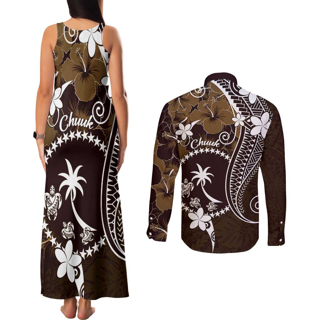 FSM Chuuk Couples Matching Tank Maxi Dress and Long Sleeve Button Shirt Turtle Tropical Flowers Polynesian - Brown LT14 - Polynesian Pride