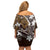 FSM Chuuk Family Matching Off Shoulder Short Dress and Hawaiian Shirt Turtle Tropical Flowers Polynesian - Brown