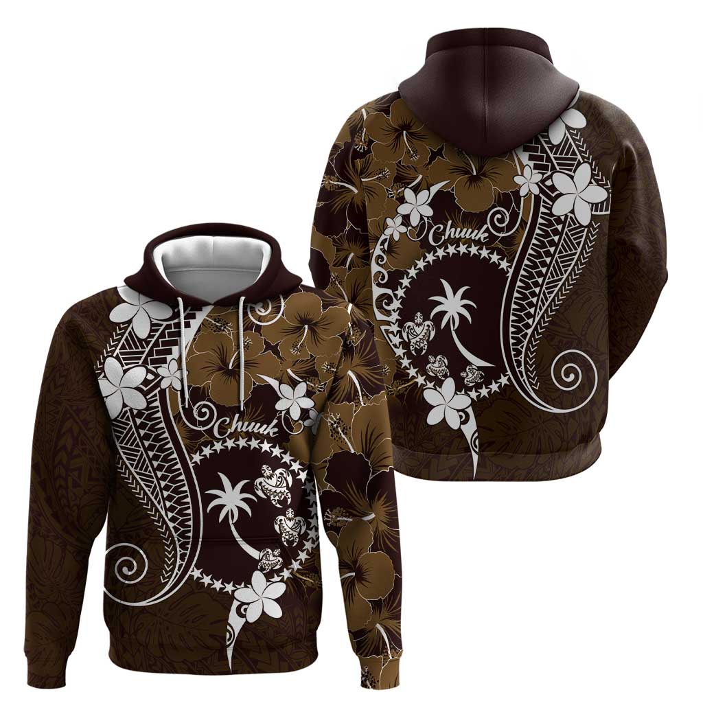 FSM Chuuk Hoodie Turtle Tropical Flowers Polynesian - Brown LT14 - Polynesian Pride