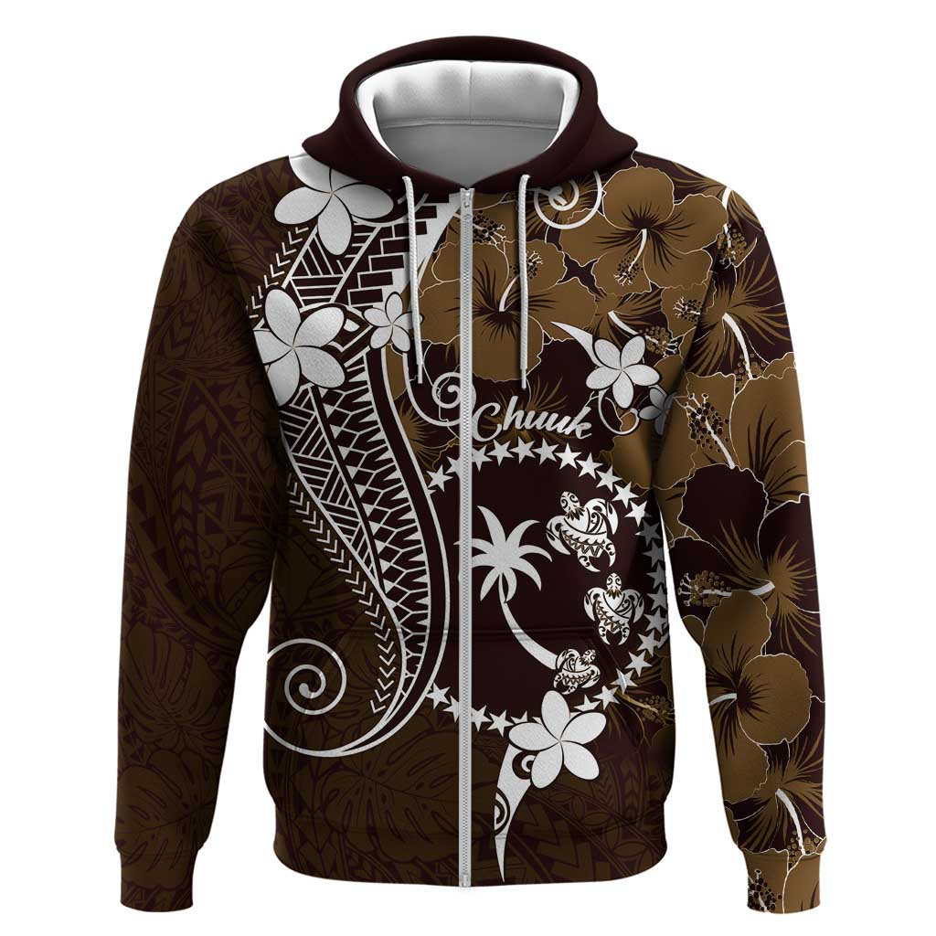 FSM Chuuk Hoodie Turtle Tropical Flowers Polynesian - Brown LT14 Zip Hoodie Brown - Polynesian Pride