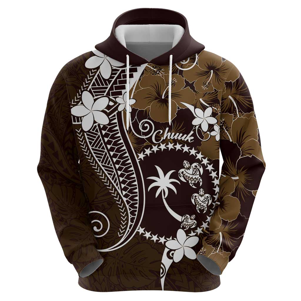 FSM Chuuk Hoodie Turtle Tropical Flowers Polynesian - Brown LT14 - Polynesian Pride