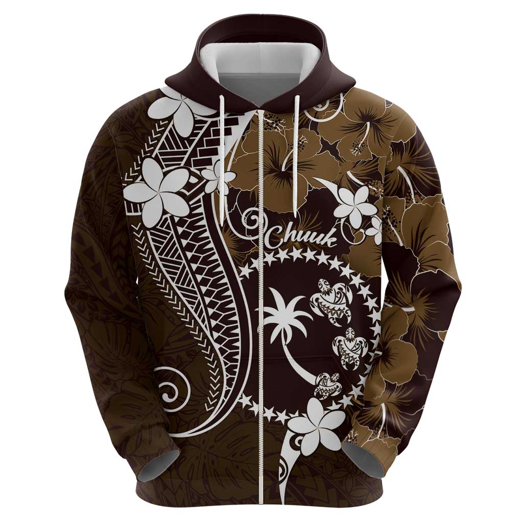 FSM Chuuk Hoodie Turtle Tropical Flowers Polynesian - Brown LT14 - Polynesian Pride