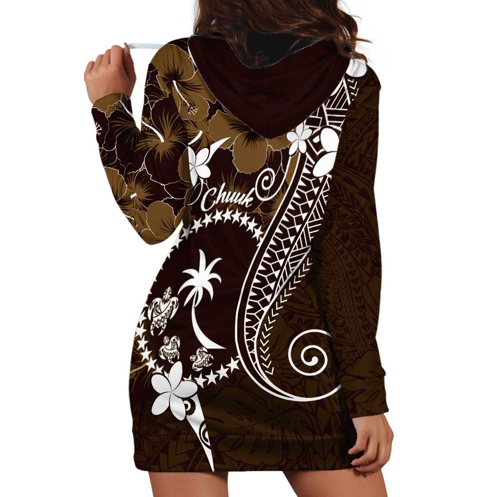 FSM Chuuk Hoodie Dress Turtle Tropical Flowers Polynesian - Brown LT14 - Polynesian Pride