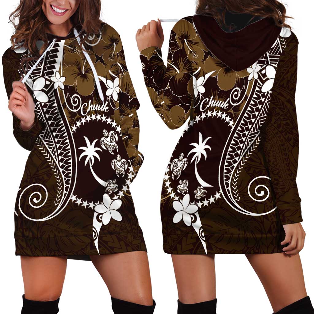 FSM Chuuk Hoodie Dress Turtle Tropical Flowers Polynesian - Brown LT14 - Polynesian Pride