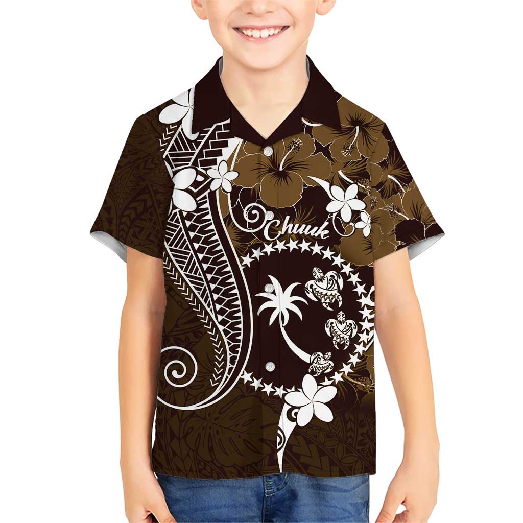 FSM Chuuk Kid Hawaiian Shirt Turtle Tropical Flowers Polynesian - Brown LT14 Kid Brown - Polynesian Pride