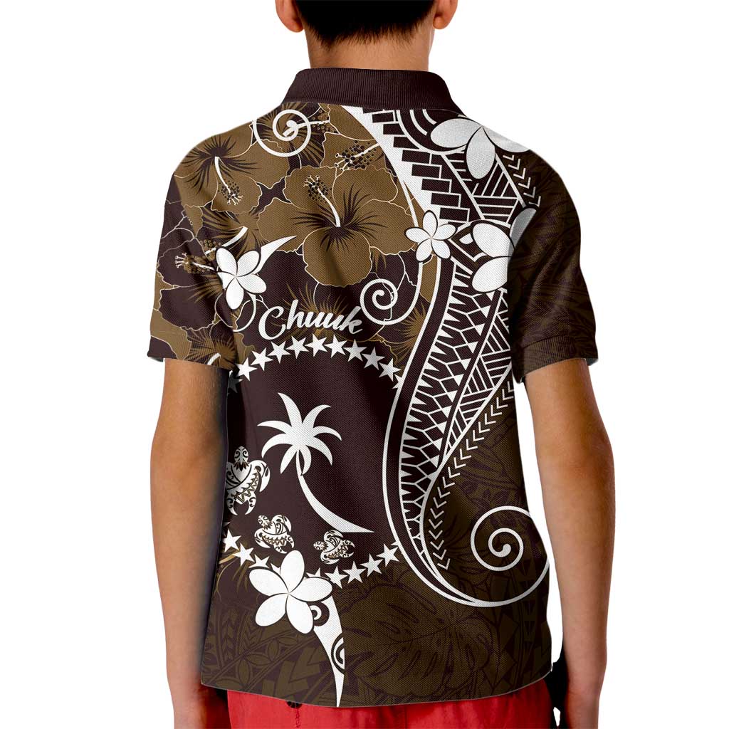 FSM Chuuk Kid Polo Shirt Turtle Tropical Flowers Polynesian - Brown LT14 - Polynesian Pride