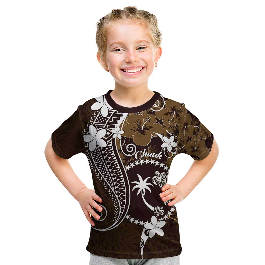 FSM Chuuk Kid T Shirt Turtle Tropical Flowers Polynesian - Brown LT14 Brown - Polynesian Pride