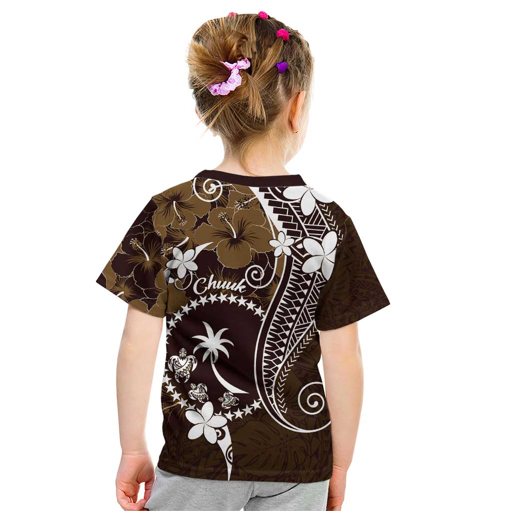 FSM Chuuk Kid T Shirt Turtle Tropical Flowers Polynesian - Brown LT14 - Polynesian Pride
