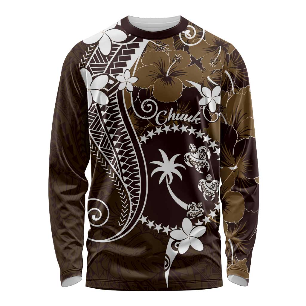 FSM Chuuk Long Sleeve Shirt Turtle Tropical Flowers Polynesian - Brown LT14 Unisex Brown - Polynesian Pride