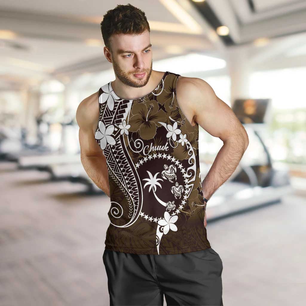FSM Chuuk Men Tank Top Turtle Tropical Flowers Polynesian - Brown LT14 Brown - Polynesian Pride