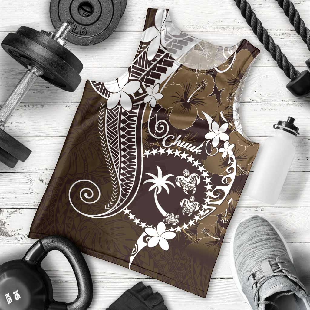FSM Chuuk Men Tank Top Turtle Tropical Flowers Polynesian - Brown LT14 - Polynesian Pride